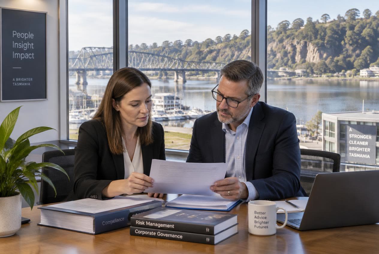 Digital Concierge advisers reviewing compliance evidence in our Launceston office
